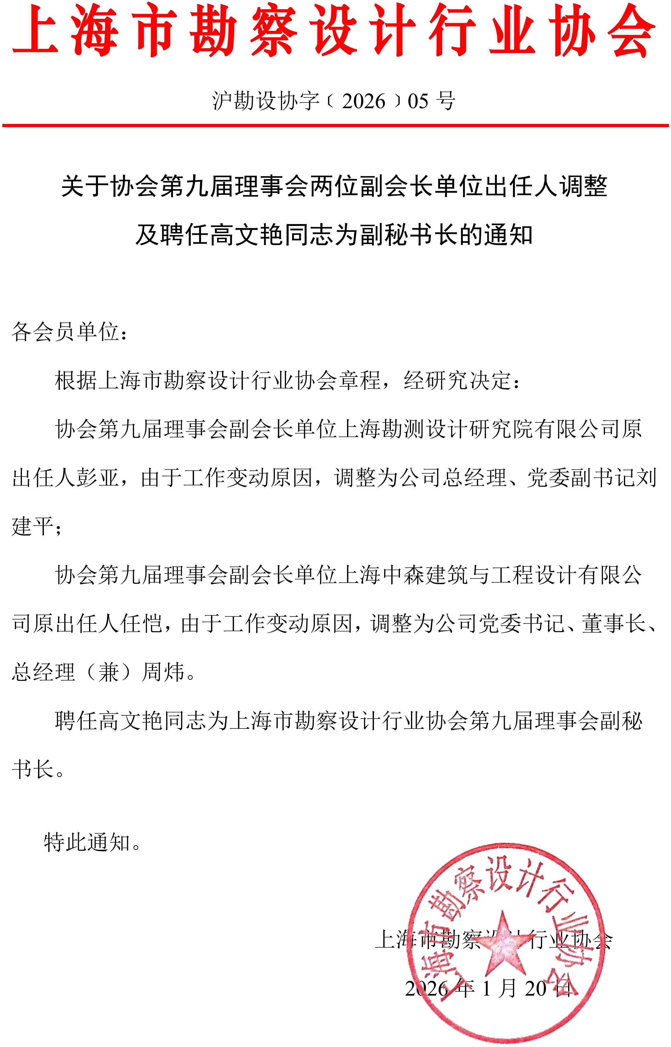 沪勘设协字﹝2026﹞5号  关于聘任高文艳同志为第九届理事会副秘书长的通知_01.jpg